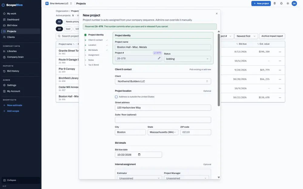ScopeDive new project form with name, client, address and bid due date filled in