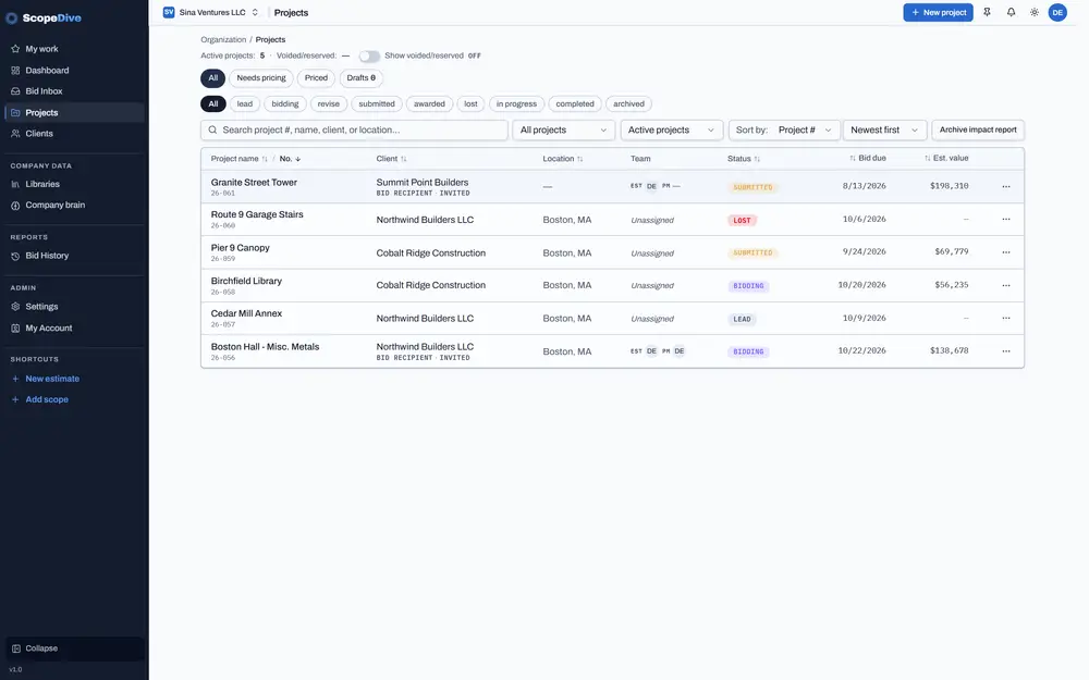 ScopeDive project list with project number, client, status, bid due date and estimated value, sortable by every column