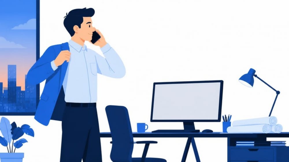 The same estimator standing, relaxed, on the phone and putting on his jacket, ready to leave